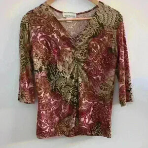 🌴2/$25🌴BROCHURE |  Women's Red/Tan/Black Floral 3/4 Length Sleeve Ruched Top